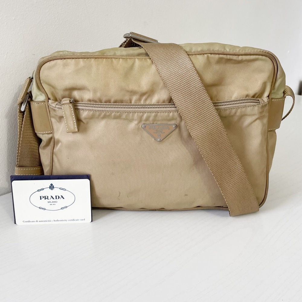 Prada tan nylon and leather crossbody bag